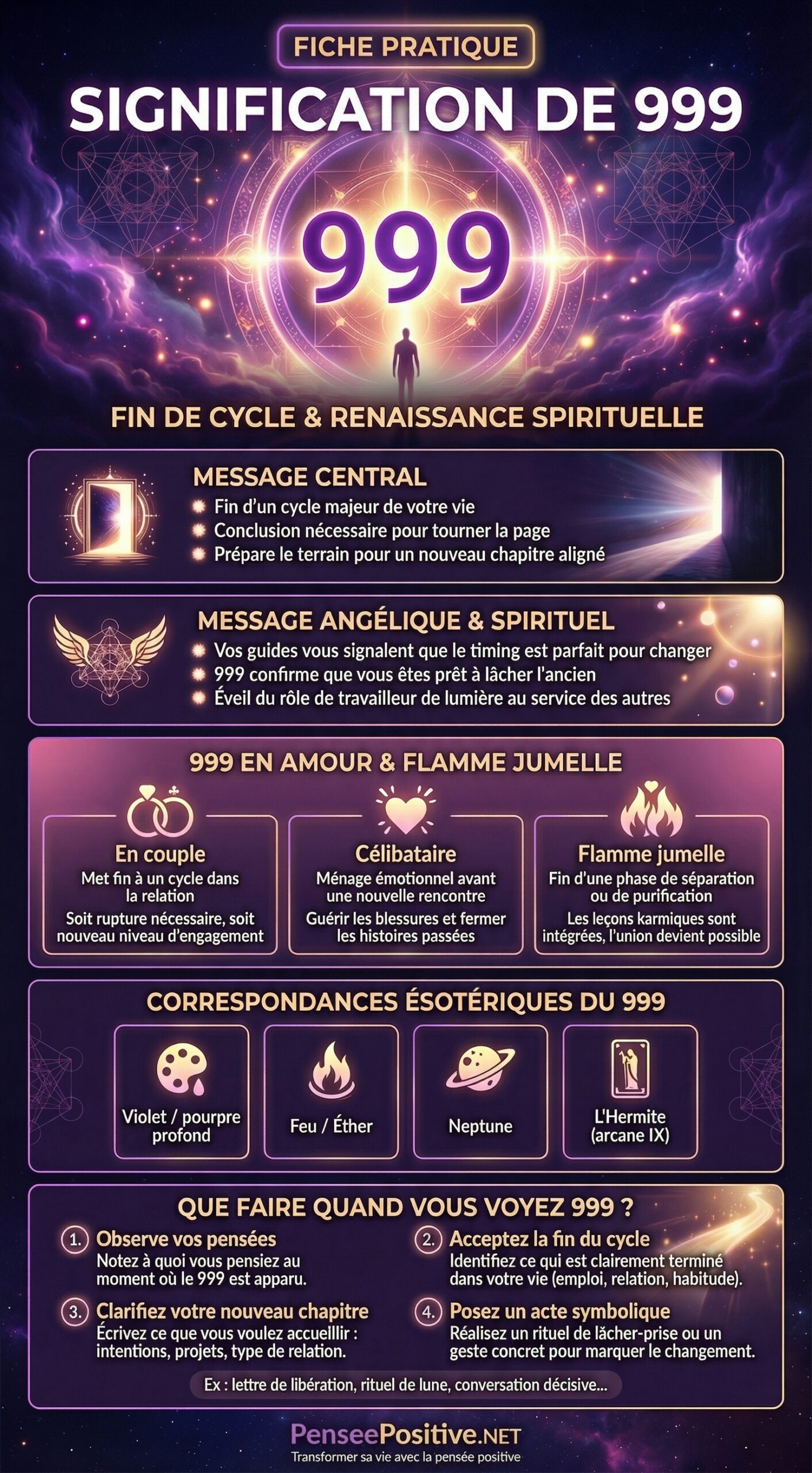 999 signification : fin de cycle, amour et flamme jumelle 3 Infographie sur la signification du nombre 999 : fin de cycle, message spirituel, amour, correspondances ésotériques et actions concrètes à poser.