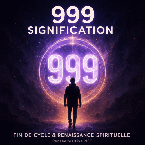 999 signification : fin de cycle, amour et flamme jumelle 21 Illustration 999 signification, portail lumineux violet avec silhouette, symbole de fin de cycle et de renaissance spirituelle