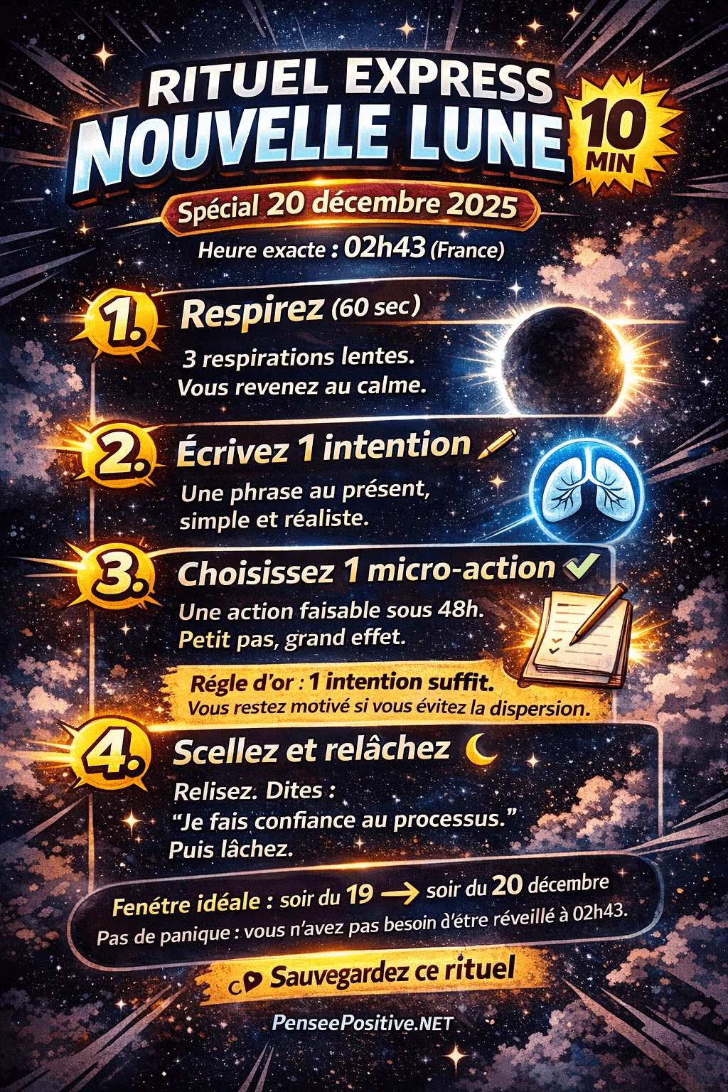 Nouvelle lune du 20 décembre 2025 : heure exacte, signification et rituel pour bien démarrer un nouveau cycle 3 Infographie présentant un rituel express de nouvelle lune en 10 minutes, avec respiration, intention, micro-action et phrase de clôture.