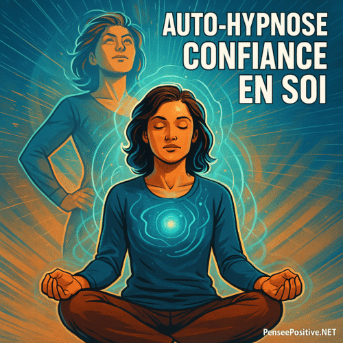 une femme en auto-hypnose pour renforcer la confiance en soi, avec silhouette plus assurée en arrière-plan.
