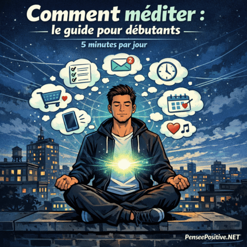 Comment méditer : Guide simple pour débutants 2 un personnage moderne méditant assis sur un toit de ville au crépuscule, avec des bulles de pensées symbolisant le stress du quotidien, un halo lumineux au niveau de la respiration et une ambiance calme et dynamique. Titre visible : "Comment méditer : le guide pour débutants – 5 minutes par jour", branding PenseePositive.NET.