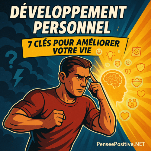 Développement personnel : illustration d’un héros du quotidien avec contraste ombre/lumière et symboles des 7 clés pour améliorer sa vie.