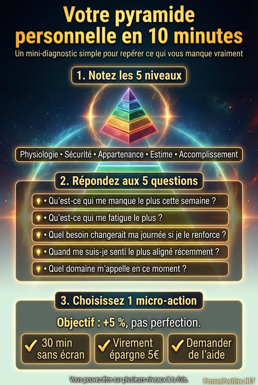 Pyramide de Maslow : comprendre les 5 besoins humains et l’utiliser pour avancer concrètement dans votre vie 4 Infographie de la pyramide de Maslow présentant un mini-diagnostic en 3 étapes pour identifier votre besoin dominant et choisir une micro-action simple en 10 minutes.