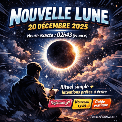 Nouvelle lune du 20 décembre 2025 : heure exacte, signification et rituel pour bien démarrer un nouveau cycle 2 Ciel étoilé avec nouvelle lune et personne écrivant dans un carnet, “Nouvelle lune 20 décembre 2025” et “02h43 (France)”
