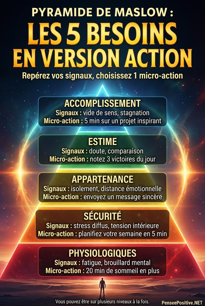 Pyramide de Maslow : comprendre les 5 besoins humains et l’utiliser pour avancer concrètement dans votre vie 3 Infographie de la pyramide de Maslow présentant les 5 besoins humains avec signaux de manque et micro-actions simples pour retrouver motivation, équilibre et clarté au quotidien.