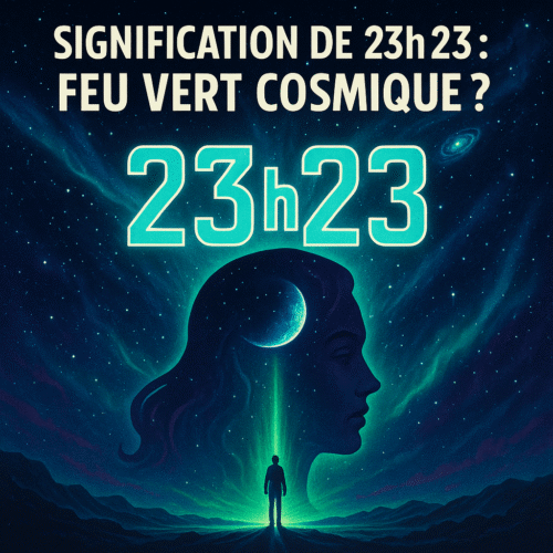 23h23 : la signification et le message de l'univers révélé 20 une silhouette humaine face à une lumière verte ascendante, un visage astral en arrière-plan, l’heure 23h23 en hologramme lumineux et le titre 'Signification de 23h23 : Feu vert cosmique ?