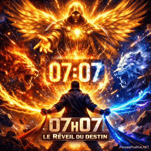 illustration épique de la signification de l'heure miroir 07h07, 'Le Réveil du Destin', sur PenseePositive.NET. Un homme de dos maîtrise des énergies opposées représentées par un loup de feu et un loup de foudre, sous le regard d'un puissant ange gardien doré dans un univers cosmique. L'heure 07:07 brille intensément, symbolisant un éveil spirituel et la prise en main de sa destinée