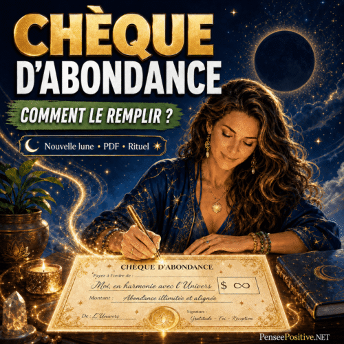 Image illustrant un chèque d’abondance rempli lors de la nouvelle lune, avec un rituel de manifestation, un PDF à imprimer et le branding PenseePositive.NET.