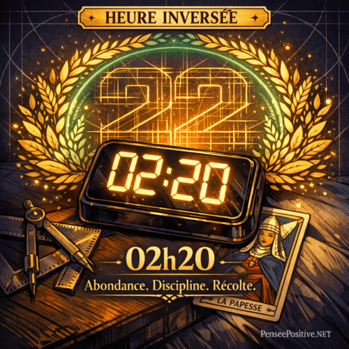 02h20 : que vous dit vraiment cette heure miroir inversée ? (ange Cahetel, maître-nombre 22, amour et rituels) 2 Heure inversée 02h20 signification : horloge affichant 02:20 avec symboles d’abondance, Cahetel et maître-nombre 22
