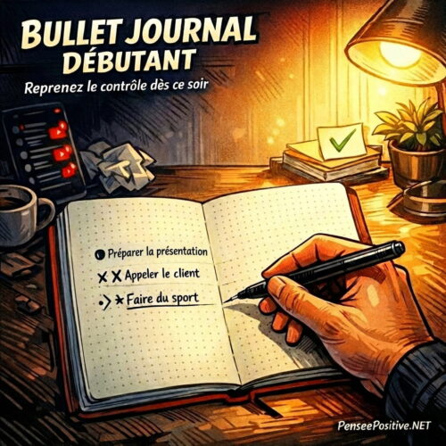 Comment débuter un bullet journal sans se laisser submerger 2 Illustration comic style bullet journal débutant avec carnet à pointillés et écriture des priorités pour réduire la charge mentale et reprendre le contrôle