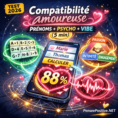 Test compatibilité amoureuse : votre couple est-il aligné ? 2 Illustration style comic Marvel d’un test de compatibilité amoureuse : smartphone affichant un score de 88 % entre “Marie” et “Thomas”, avec numérologie des prénoms, triangle passion-intimité-engagement et fréquence émotionnelle, branding PenseePositive.NET.