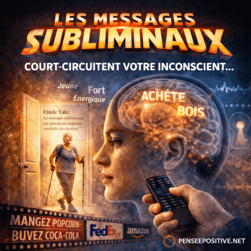Le message subliminal : secrets de l'influence invisible 2 Illustration message subliminal et neurosciences montrant un cerveau lumineux influencé par des mots cachés comme "achète" et "bois", avec une référence à l’étude Yale sur l’amélioration de la mobilité des seniors, style comic Marvel, branding PenseePositive.NET.