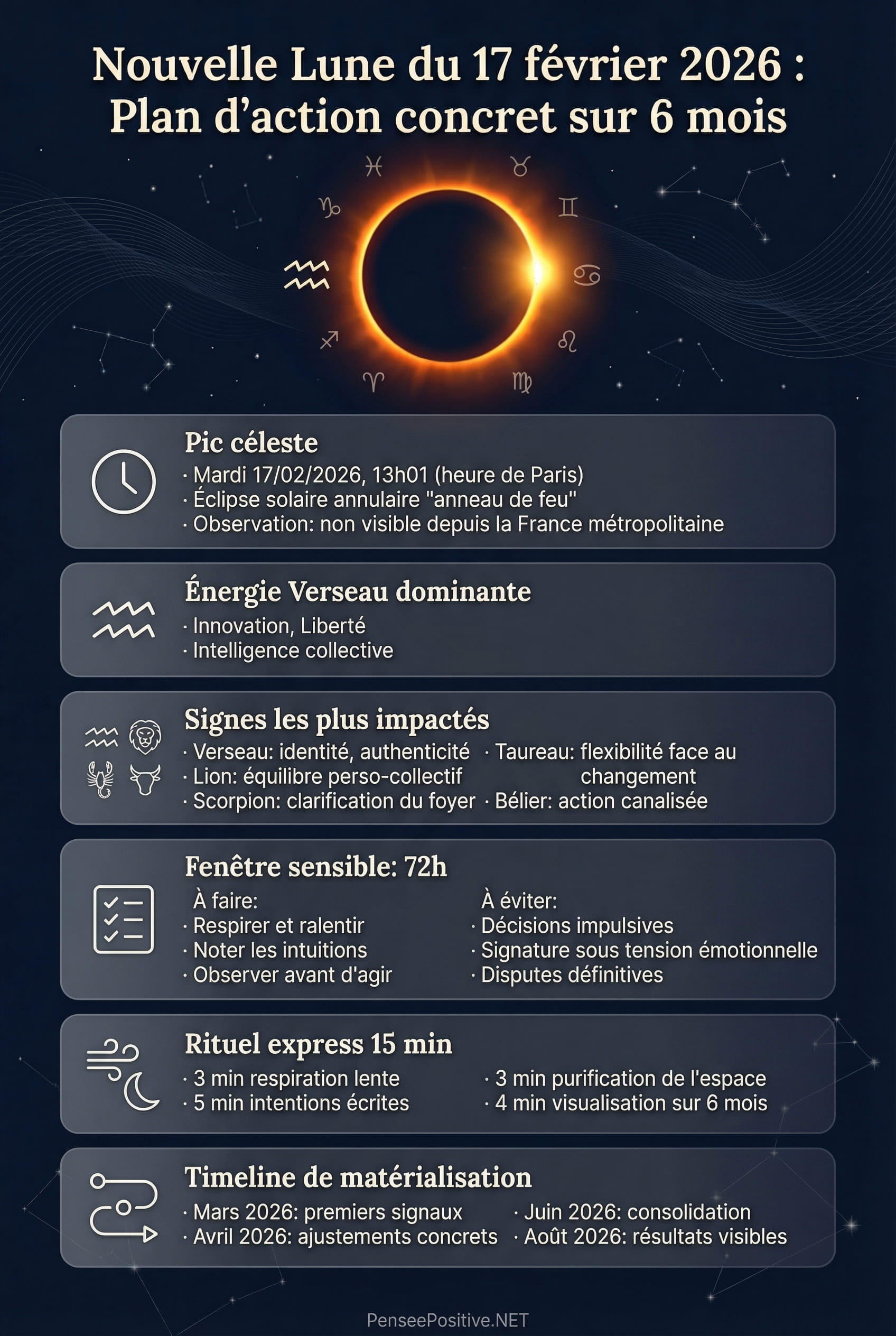Infographie Nouvelle Lune 17 février 2026 : plan d’action Verseau Infographie de la nouvelle lune du 17 février 2026 en Verseau avec éclipse annulaire, signes impactés, rituels et plan d’action sur 6 mois.