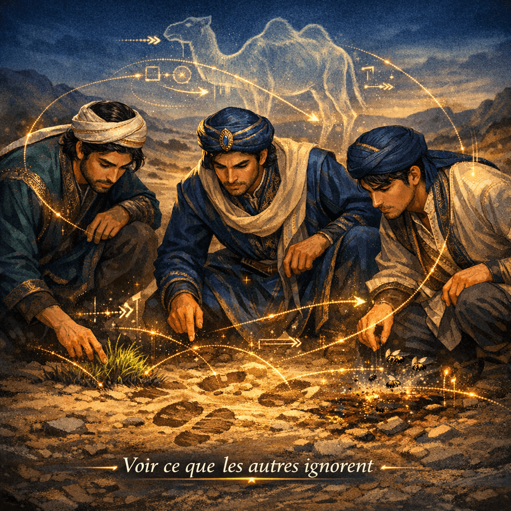 Les trois princes de Serendip : illustration de la sérendipité et des indices invisibles Illustration des trois princes de Serendip observant des traces au sol et reconstituant un chameau invisible, symbole de la sérendipité et de l’art de voir ce que les autres ignorent.