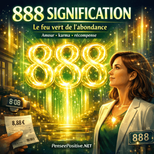 Illustration du nombre 888 lumineux en portail d’abondance avec femme moderne et symboles de synchronicité pour article sur la signification spirituelle du 888