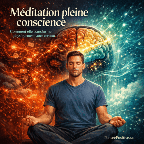 Illustration de méditation pleine conscience montrant la transformation du cerveau par la neuroplasticité, avec cortex préfrontal renforcé, amygdale apaisée et clarté mentale