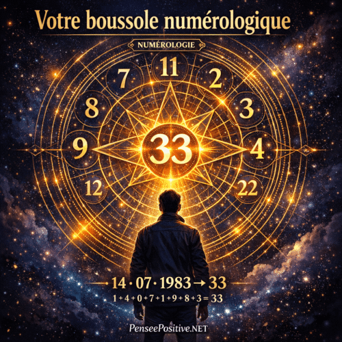 Numérologie : le guide complet pour décoder votre vibration 2 Illustration de numérologie pythagoricienne montrant une silhouette face à une rosace lumineuse de chiffres et de nombres maîtres pour décoder son chemin de vie