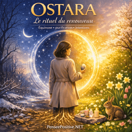 Illustration Ostara équinoxe de printemps avec femme dans un portail lumineux entre hiver et printemps symbole de renouveau purification et intentions