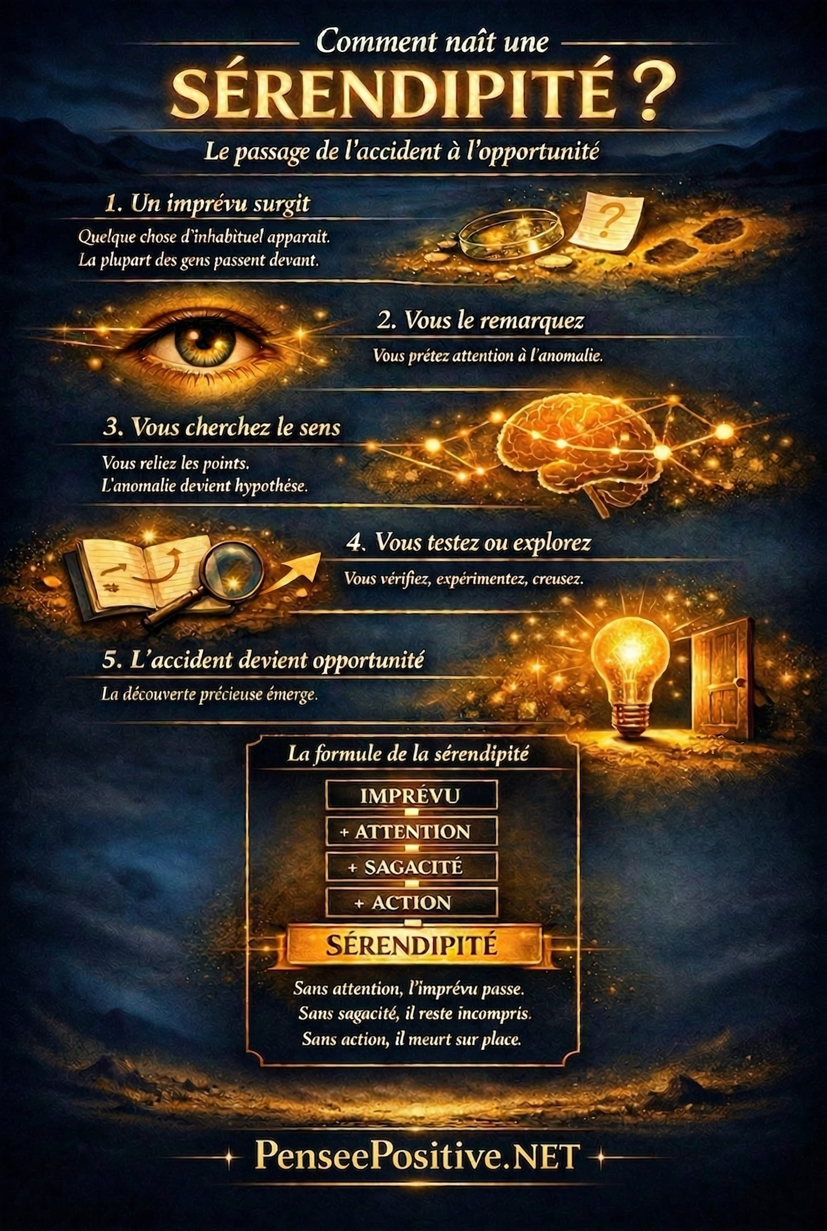 Infographie sérendipité : transformer un imprévu en opportunité Infographie expliquant comment naît la sérendipité, du hasard à l’opportunité grâce à l’attention, la sagacité et l’action.