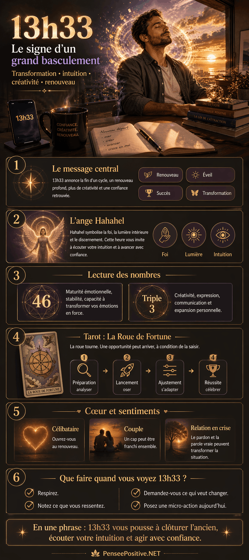 Infographie 13h33 signification : heure miroir, ange Hahahel et grand basculement Infographie 13h33 signification montrant l’heure miroir 13h33, l’ange Hahahel, la numérologie 46, la Roue de Fortune et les messages de transformation, intuition, créativité et renouveau