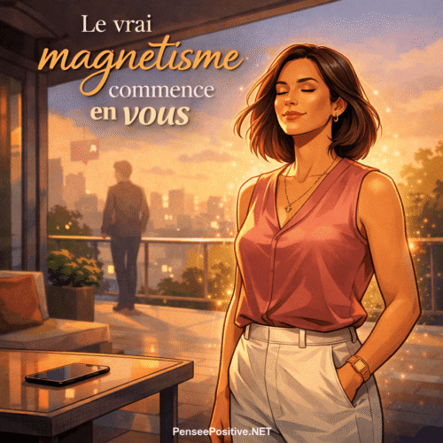 femme sereine sur une terrasse au coucher du soleil symbole du lâcher prise amoureux et du magnétisme intérieur