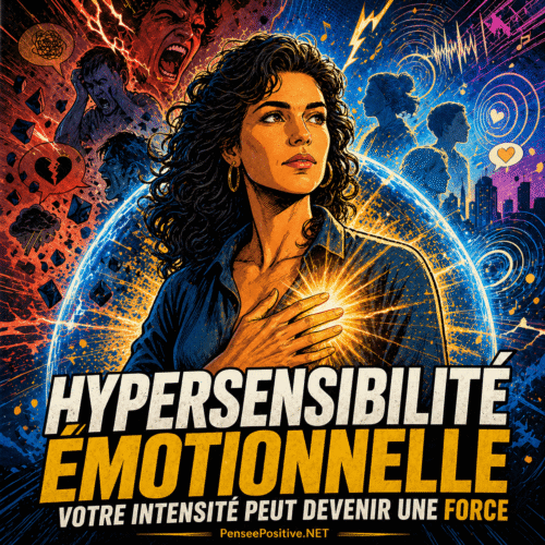 Femme hypersensible transformant son intensité émotionnelle en force intérieure, entourée d’un halo protecteur et d’ondes sensorielles