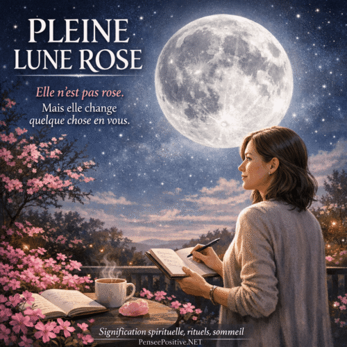 Femme écrivant dans un journal sous la pleine lune dans un jardin printanier avec des fleurs roses, illustration de la pleine lune rose et de sa signification spirituelle