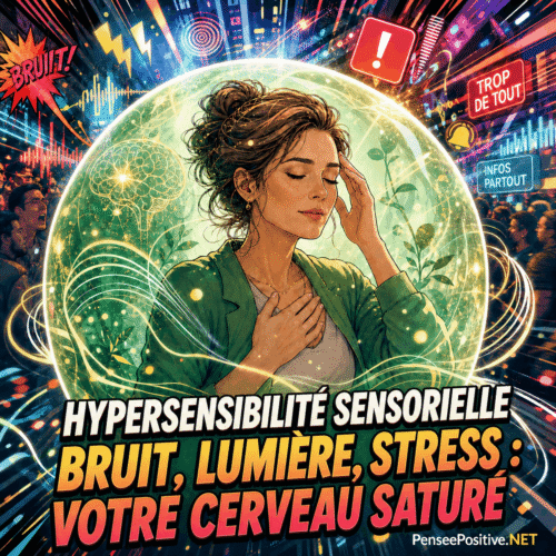 Illustration comic d'une femme en surcharge sensorielle pour illustrer l'hypersensibilité sensorielle, le bruit, la lumière, le stress et un cerveau saturé