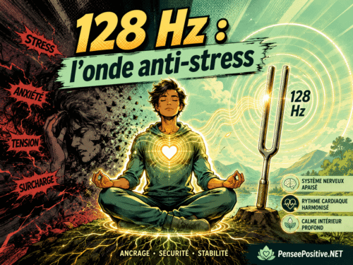 Comment la fréquence 128 hz booste votre bien-être 2 Personne en méditation avec un diapason 128 Hz, symbole d’apaisement du stress et d’ancrage intérieur