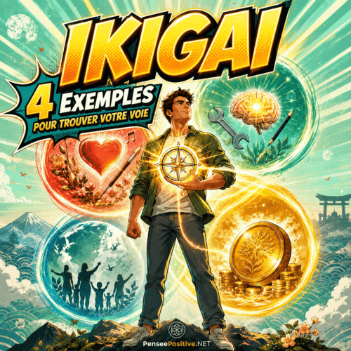 Ikigai exemples et secrets pour manifester votre mission 2 exemple d'un homme tenant une boussole lumineuse entourée des 4 piliers de l’Ikigai : passion, talent, utilité et revenus.