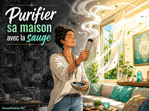 Purifier sa maison avec de la sauge pour attirer le positif 2 Femme purifiant sa maison avec de la sauge blanche dans un salon lumineux et apaisé