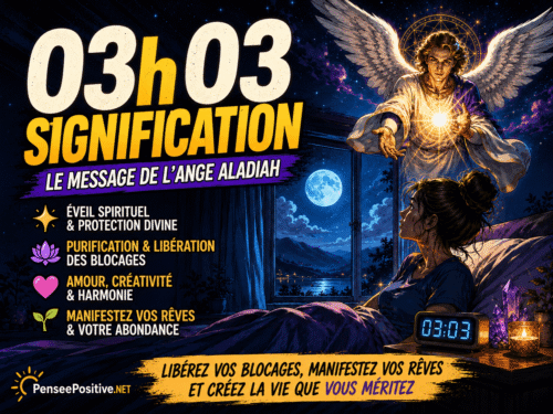 Signification de l'heure miroir 03h03 : le message d'éveil 2 3h03 signification spirituelle avec l’ange Aladiah, éveil, purification énergétique et manifestation des rêves