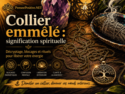 Signification spirituelle d'un collier emmêlé : le secret 2 Collier emmêlé signification spirituelle avec nœuds énergétiques, sauge, cristaux et bijou arbre de vie
